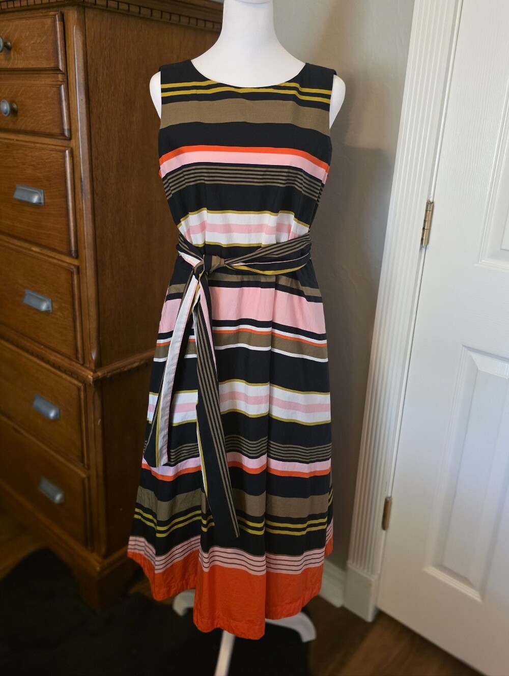 Ann Taylor Striped Sleeveless Belted Midi Dress, Women's Medium